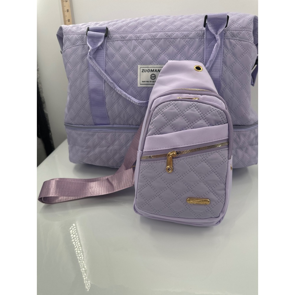 ZUOMANNI 3pc Quilted Lavender Travel Set Duffel Cosmetic Pouch Sling Bag Purple - Picture 5 of 6